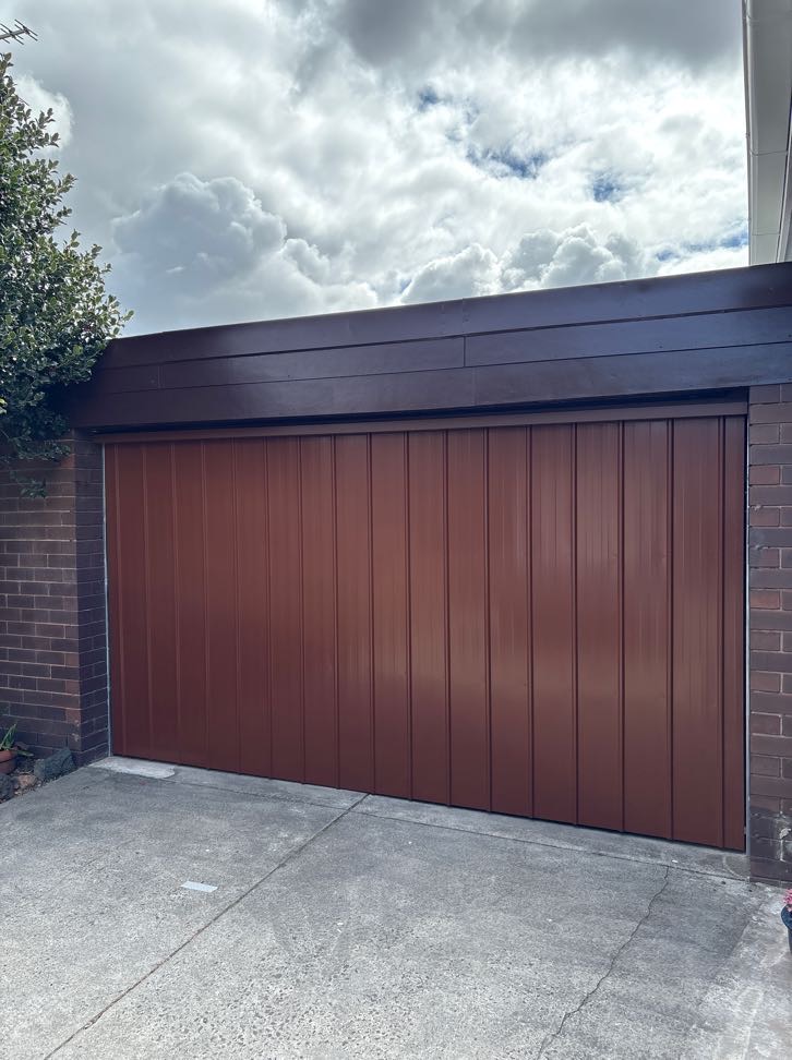 Custom Made J Fitting Tilt Door, Vertical Clad A Panel, Powder Coated to Match Discontinued Colorbond Colour Terrain