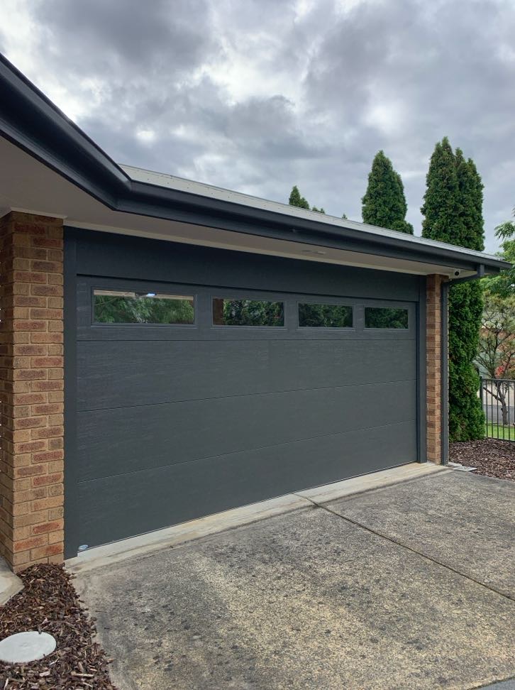 Steel-Line Sectional Door, Colorbond Woodland Grey, Flatline Style - Textured Finish with Ranch Plain Windows