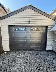 Gliderol Panel-Glide Sectional Door, Colorbond Monument, Hampton Style - Textured Finish with Hampton Sunset Windows