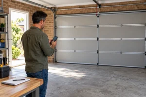 Homeowner using a phone in a tidy garage with a closed sectional door and service notes nearby