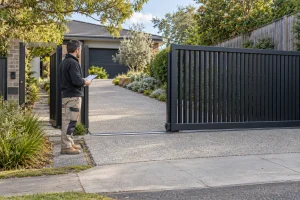 Technician assessing a residential sliding gate and clear driveway in Melbourne