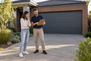 Homeowner and consultant reviewing a garage door quote