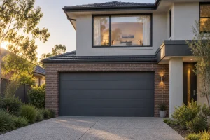 Bedroom above a closed garage door at a Melbourne home