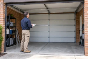 Technician assessing an existing sectional garage door before automation