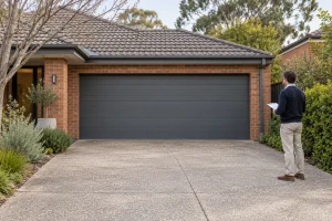 Buyer viewing a closed garage door at a Melbourne home before settlement