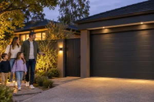 Family arriving home with garage and gate access controls