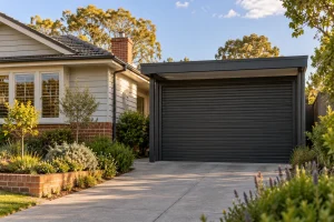 Charcoal roller door fitted to a tidy suburban carport beside a Melbourne weatherboard home