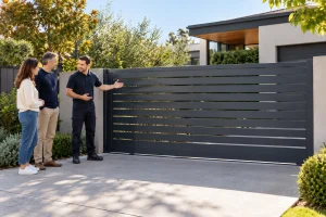 Technician discussing a closed sliding driveway gate with homeowners at a Melbourne property