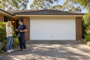 Closed white tilt garage door at a Melbourne brick home with technician and homeowner nearby