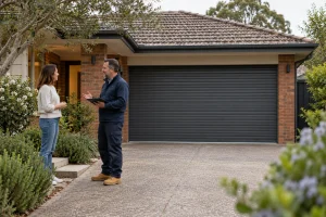 Homeowner speaking with a technician beside a closed roller door at a Melbourne brick home