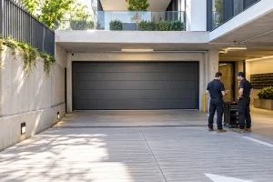 Apartment basement entry with a closed sectional garage door and two technicians discussing maintenance